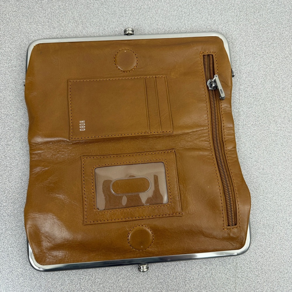 Hobo Lauren Wallet Womens OS Tan Brown Leather Double Frame Silver Clutch Cards - Picture 5 of 9
